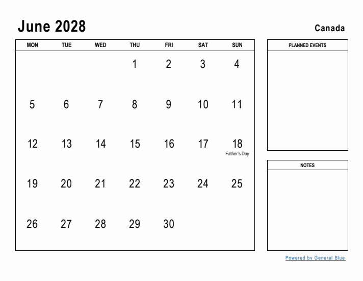 June 2028 Planner With Canada Holidays June 2028 Planner With Canada Holidays