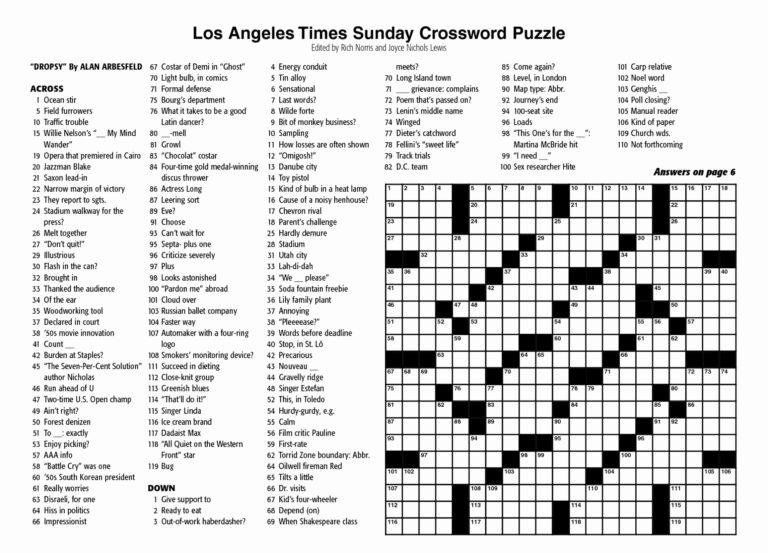 La Times Crossword Pdf Free Printable Crosswords