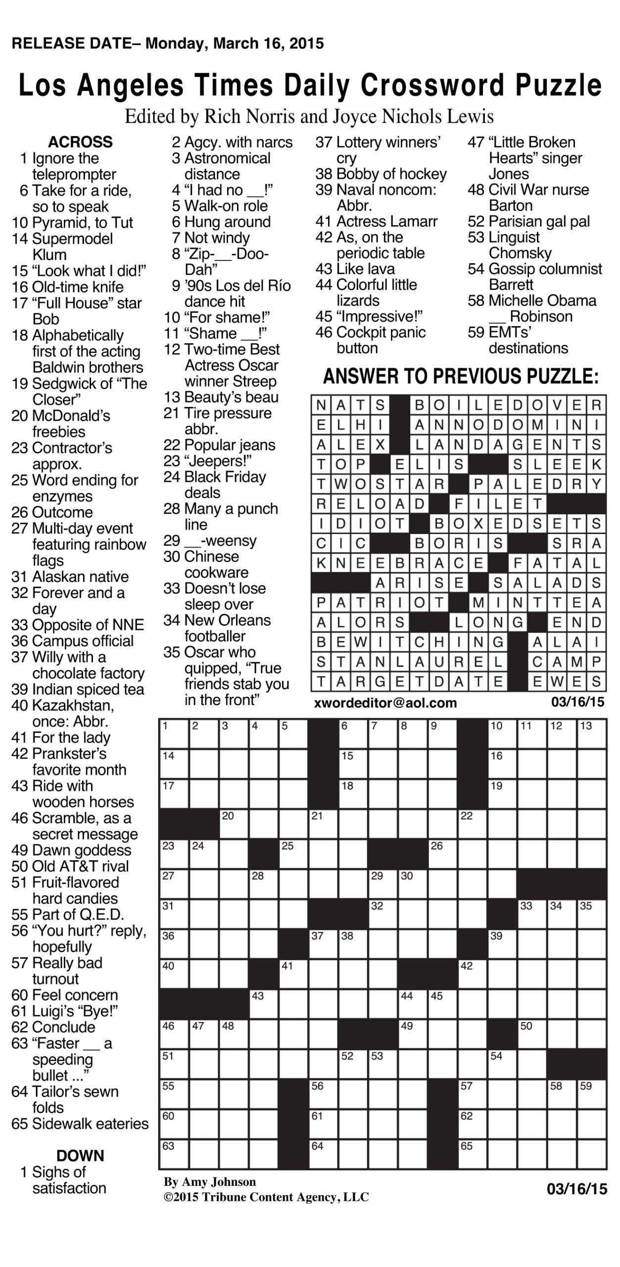 La Times Crossword Puzzle For Today Free Printable Crosswords