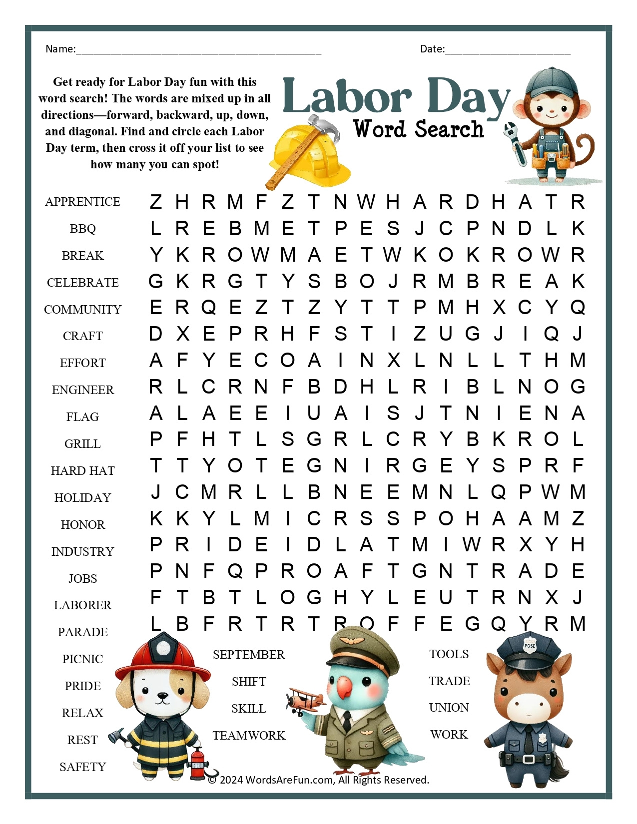 Labor Day Word Search Printable FREE Printable HQ