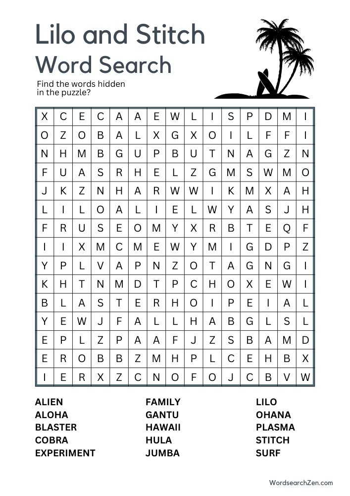 Lilo And Stitch Word Search Free Printable PDF File WordsearchZen