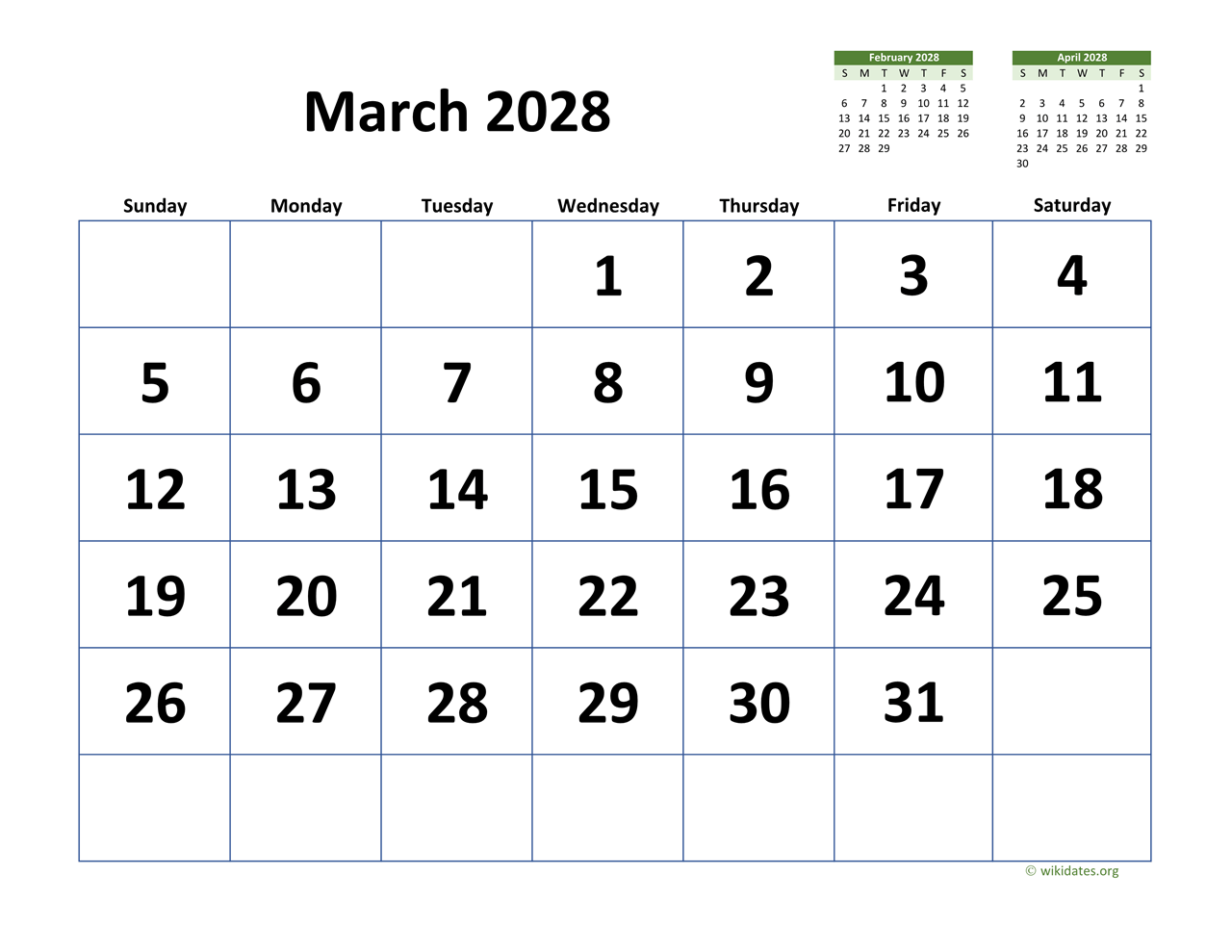 March 2028 Calendar With Extra large Dates WikiDates March 2028 Calendar With Extra large Dates WikiDates