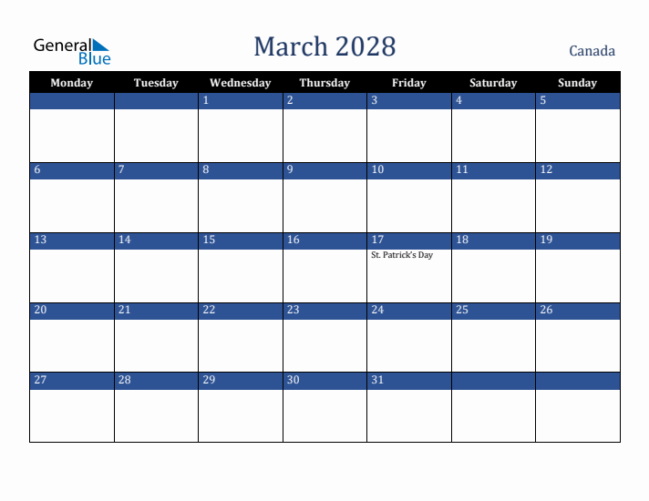 March 2028 Canada Monthly Calendar With Holidays March 2028 Canada Monthly Calendar With Holidays