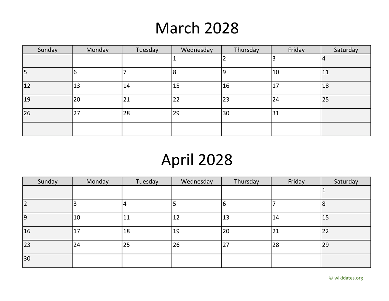 March And April 2028 Calendar WikiDates
