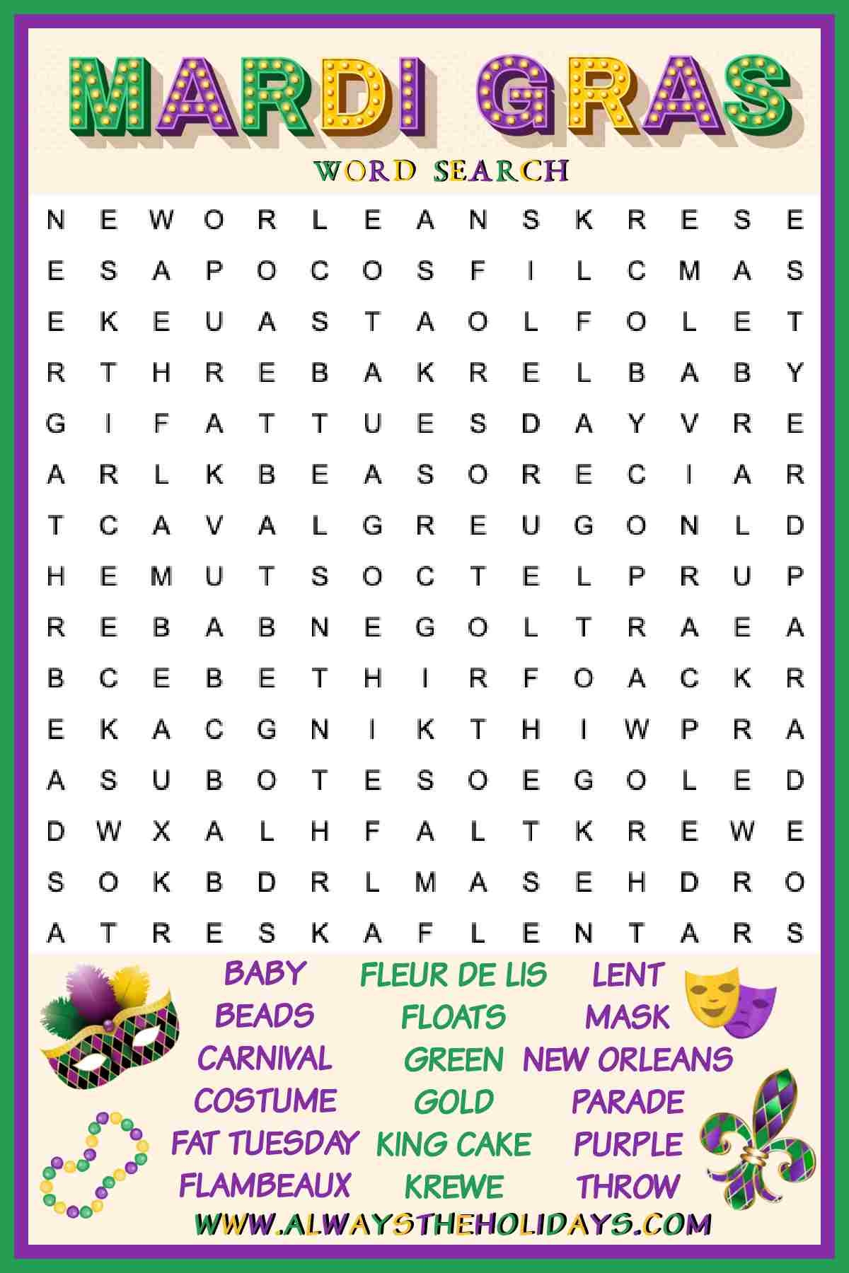 Mardi Gras Word Search With Answers Free Mardi Gras Printable