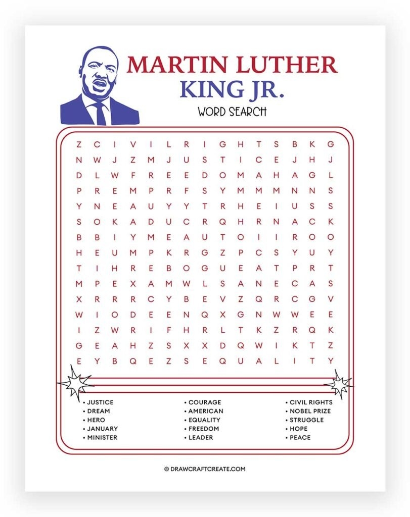 Martin Luther King Jr Word Search Printable Free Draw Craft Create