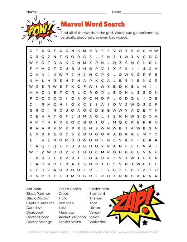 Marvel Word Search Marvel Word Search