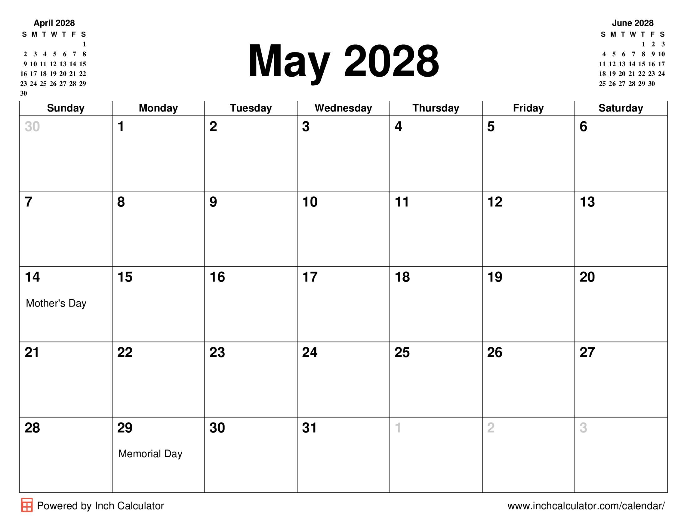 May 2028 Calendar Inch Calculator