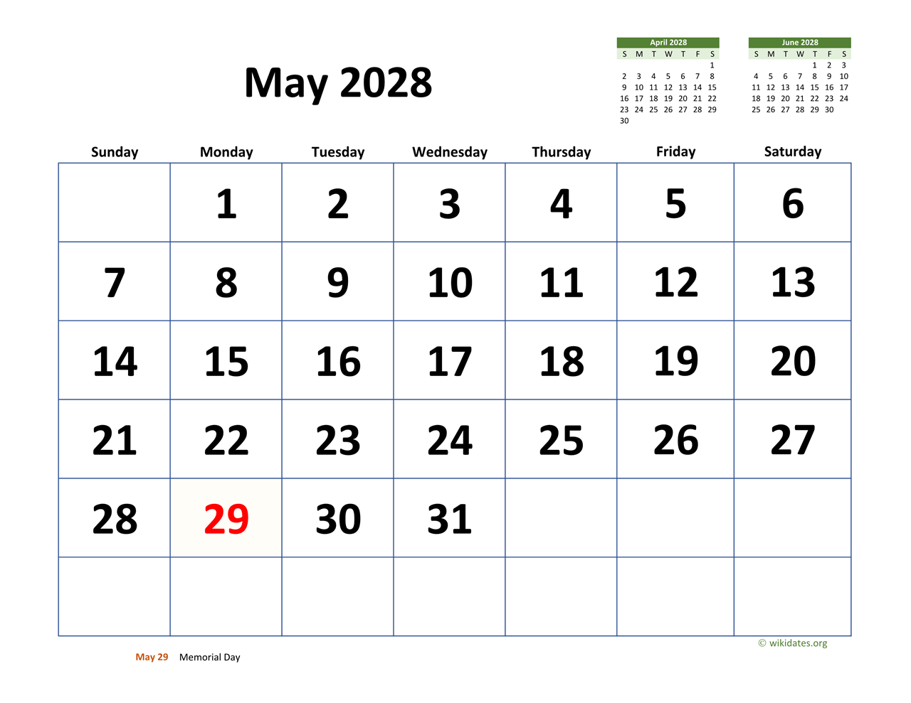 May 2028 Calendar With Extra large Dates WikiDates