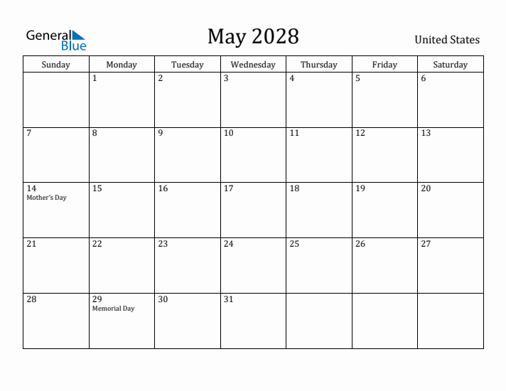 May 2028 Monthly Calendar With United States Holidays May 2028 Monthly Calendar With United States Holidays
