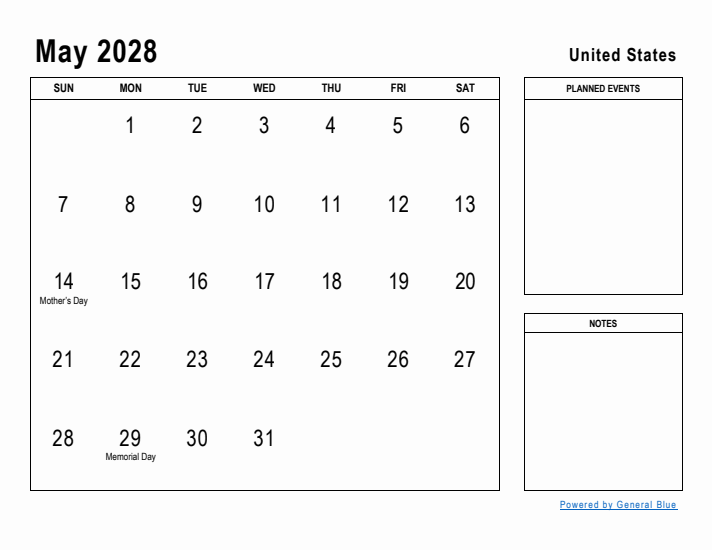 May 2028 Monthly Calendars With United States Holidays