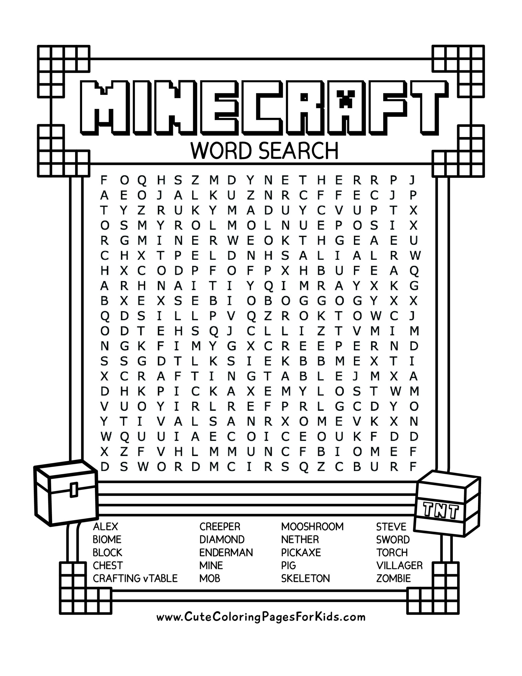 Minecraft Word Search Free Printable PDF Cute Coloring Pages For Kids