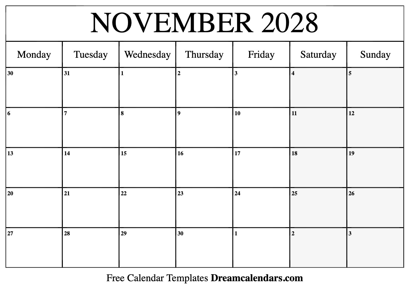 November 2028 Calendar Free Printable With Holidays And Observances