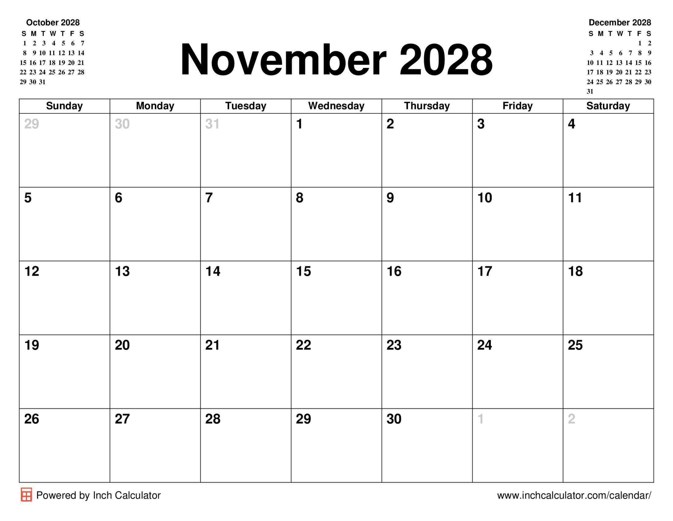 November 2028 Calendar Inch Calculator