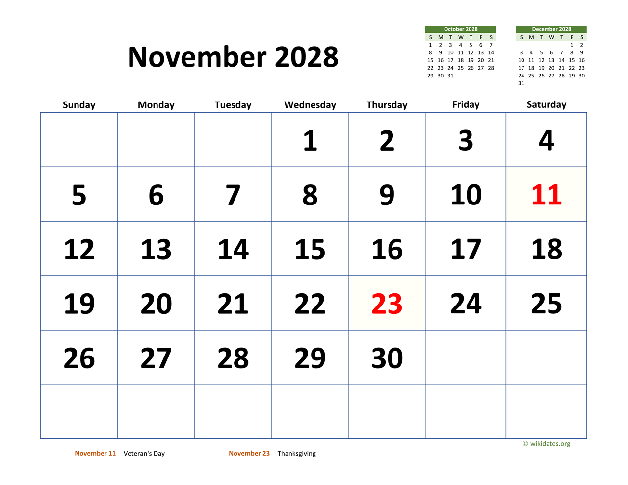 November 2028 Calendar With Extra large Dates WikiDates