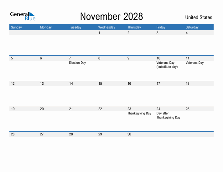 November 2028 Monthly Calendars With United States Holidays
