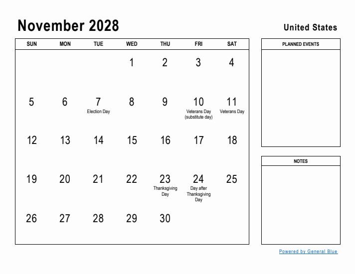 November 2028 Monthly Calendars With United States Holidays