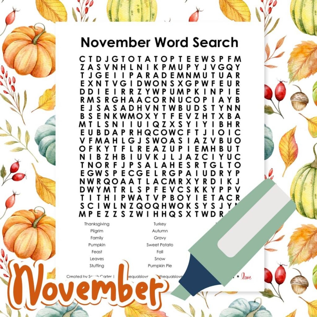 November Word Search Puzzle Math Love