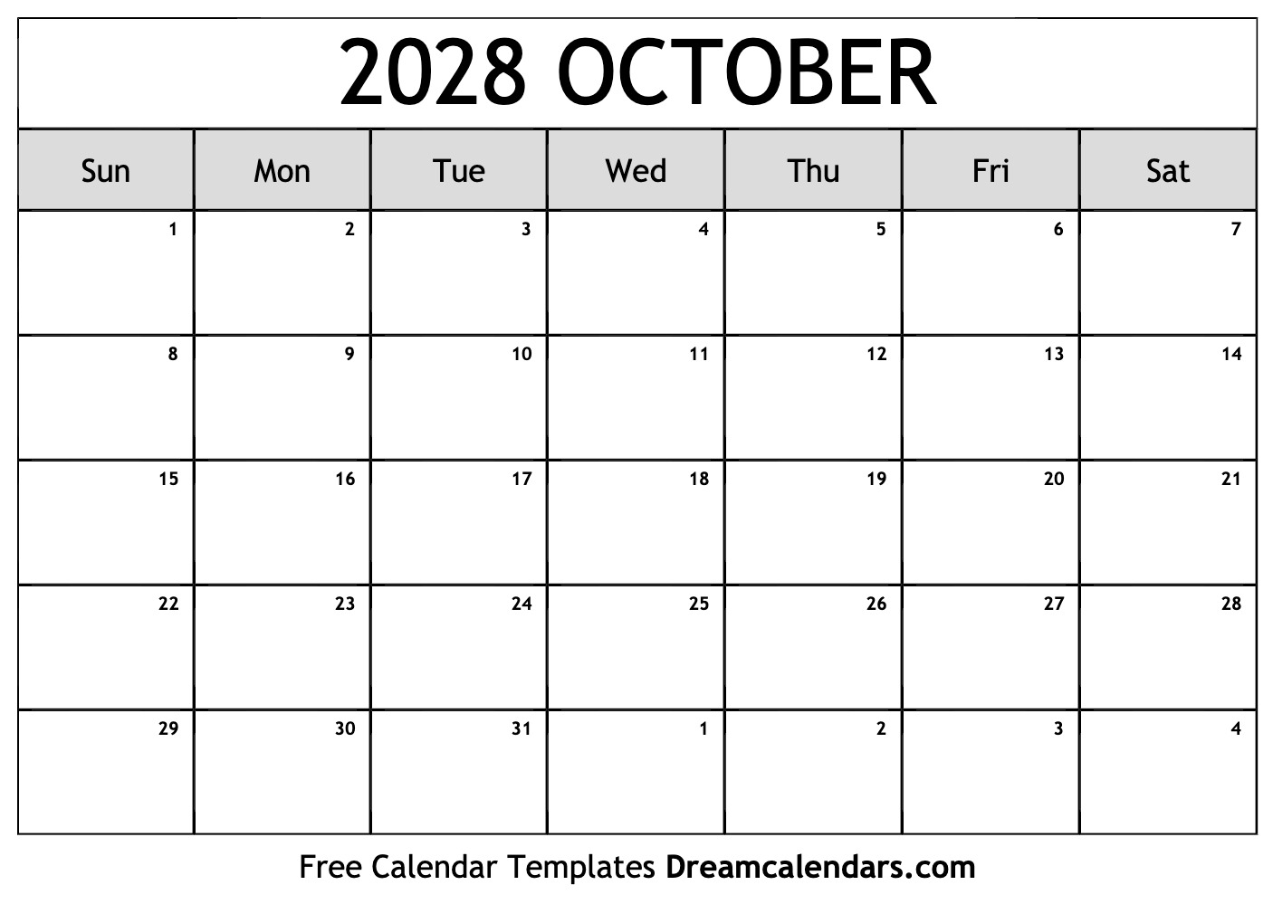 October 2028 Calendar Free Printable With Holidays And Observances