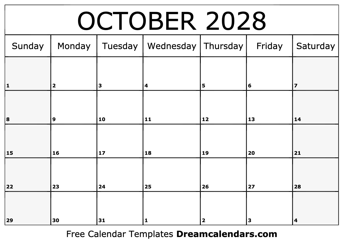 October 2028 Calendar Free Printable With Holidays And Observances