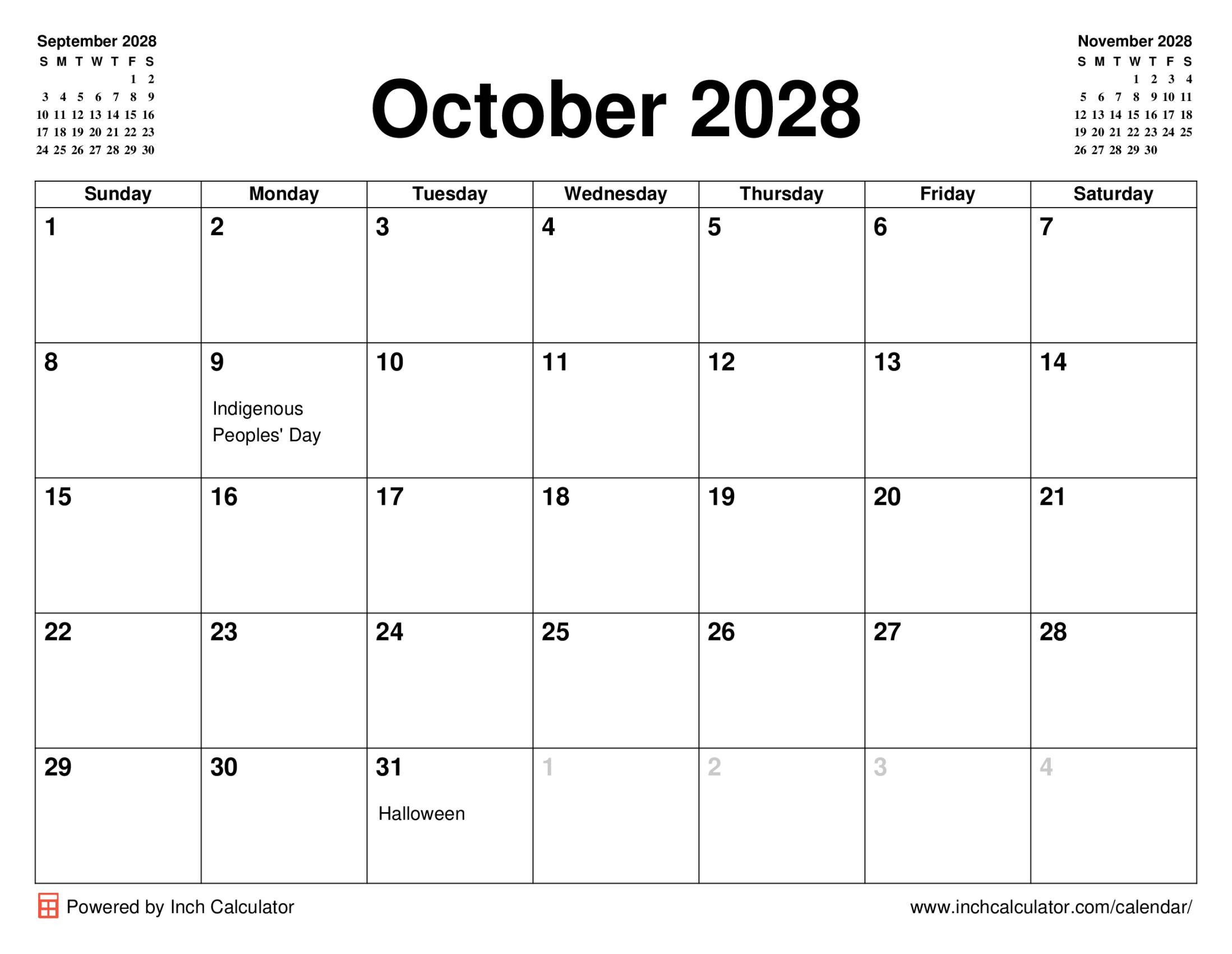 October 2028 Calendar Inch Calculator October 2028 Calendar Inch Calculator