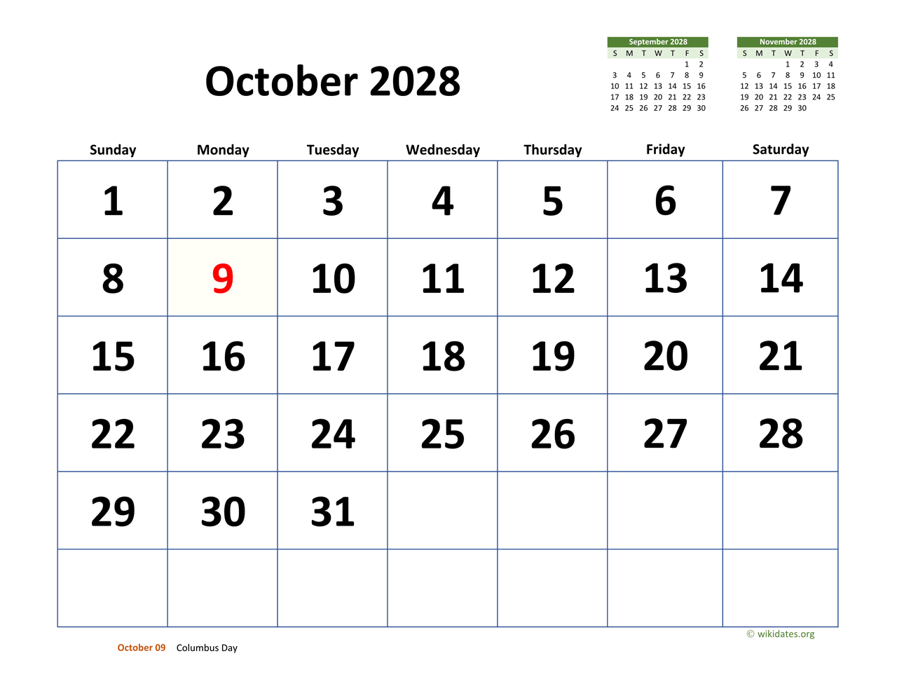 October 2028 Calendar With Extra large Dates WikiDates October 2028 Calendar With Extra large Dates WikiDates