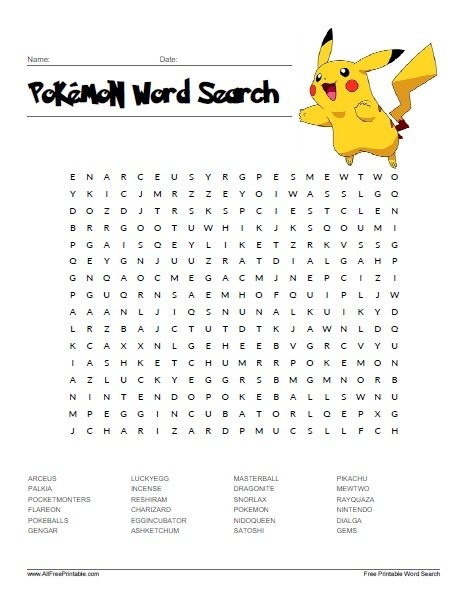 Pokemon Word Search Free Printable