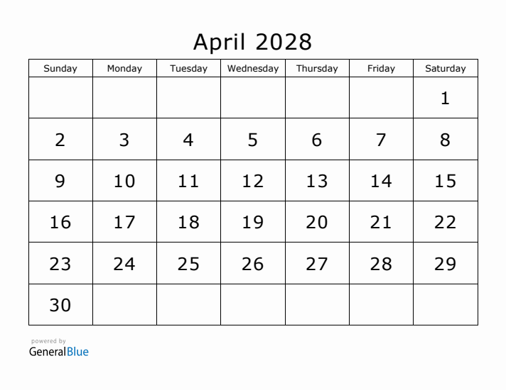 Printable April 2028 Calendar Printable April 2028 Calendar