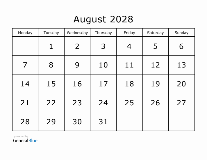 Printable August 2028 Calendar
