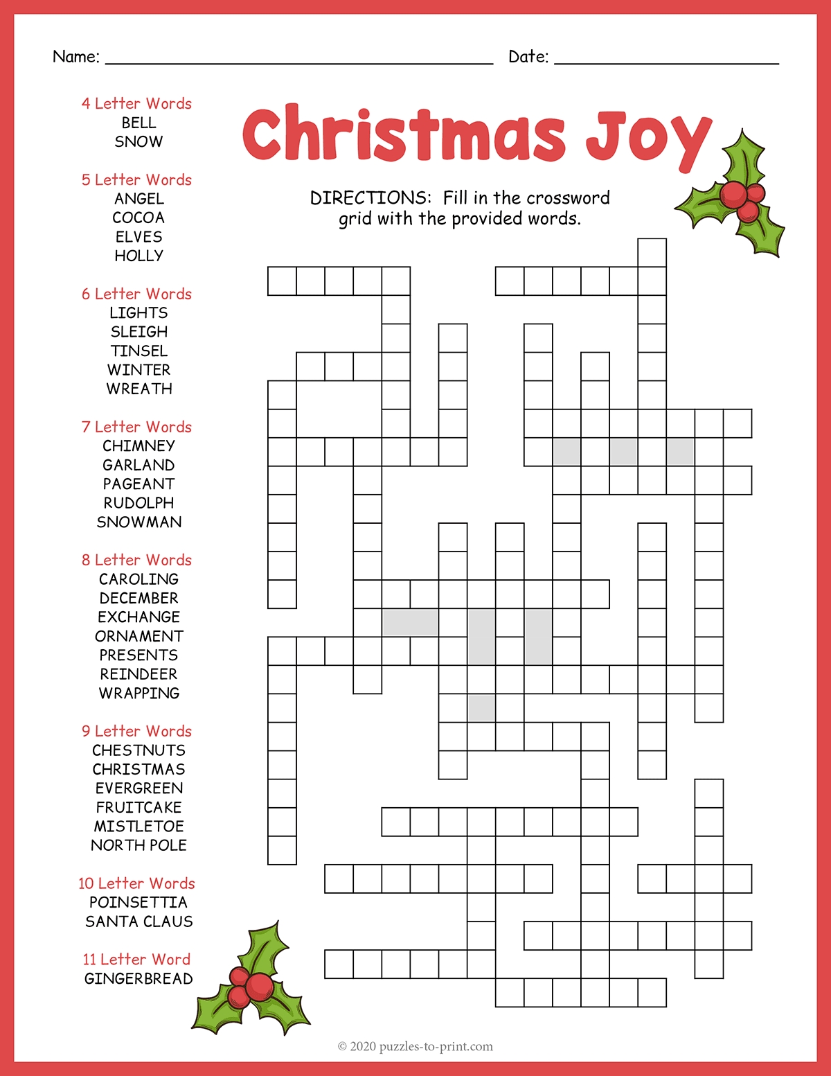 Printable Christmas Crossword Puzzle Games