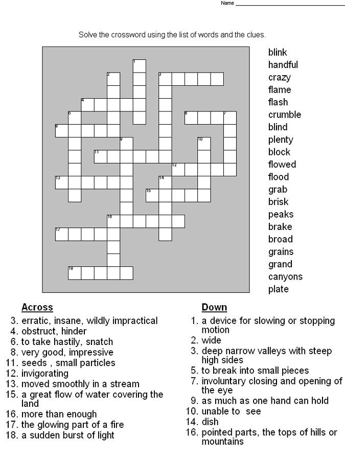 Printable Crossword Puzzles For 5Th Graders