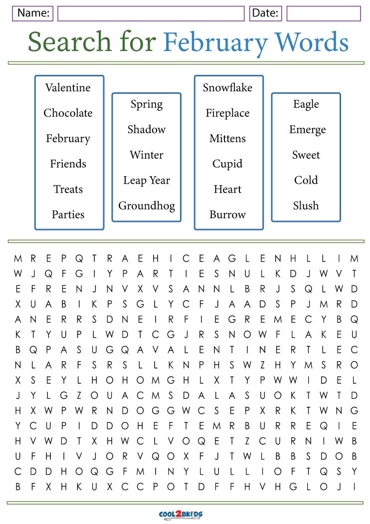 Printable February Word Search Cool2bKids