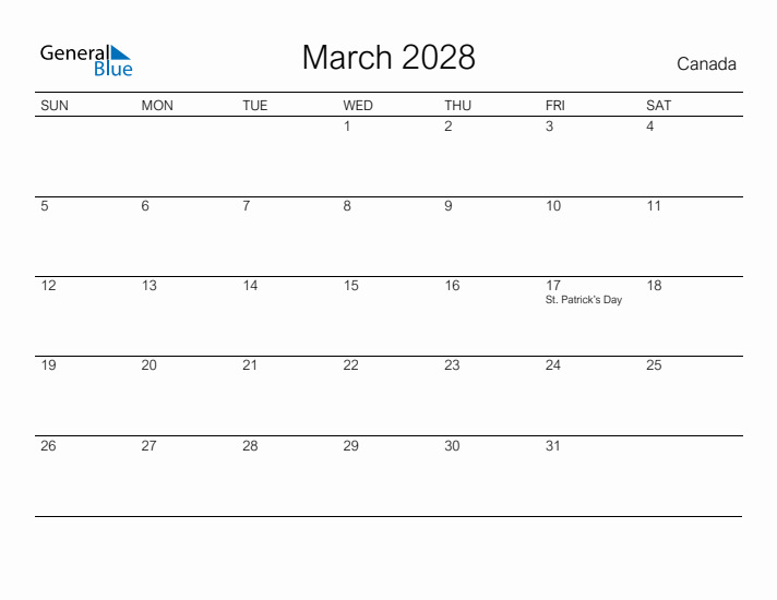 Printable March 2028 Monthly Calendar With Holidays For Canada Printable March 2028 Monthly Calendar With Holidays For Canada