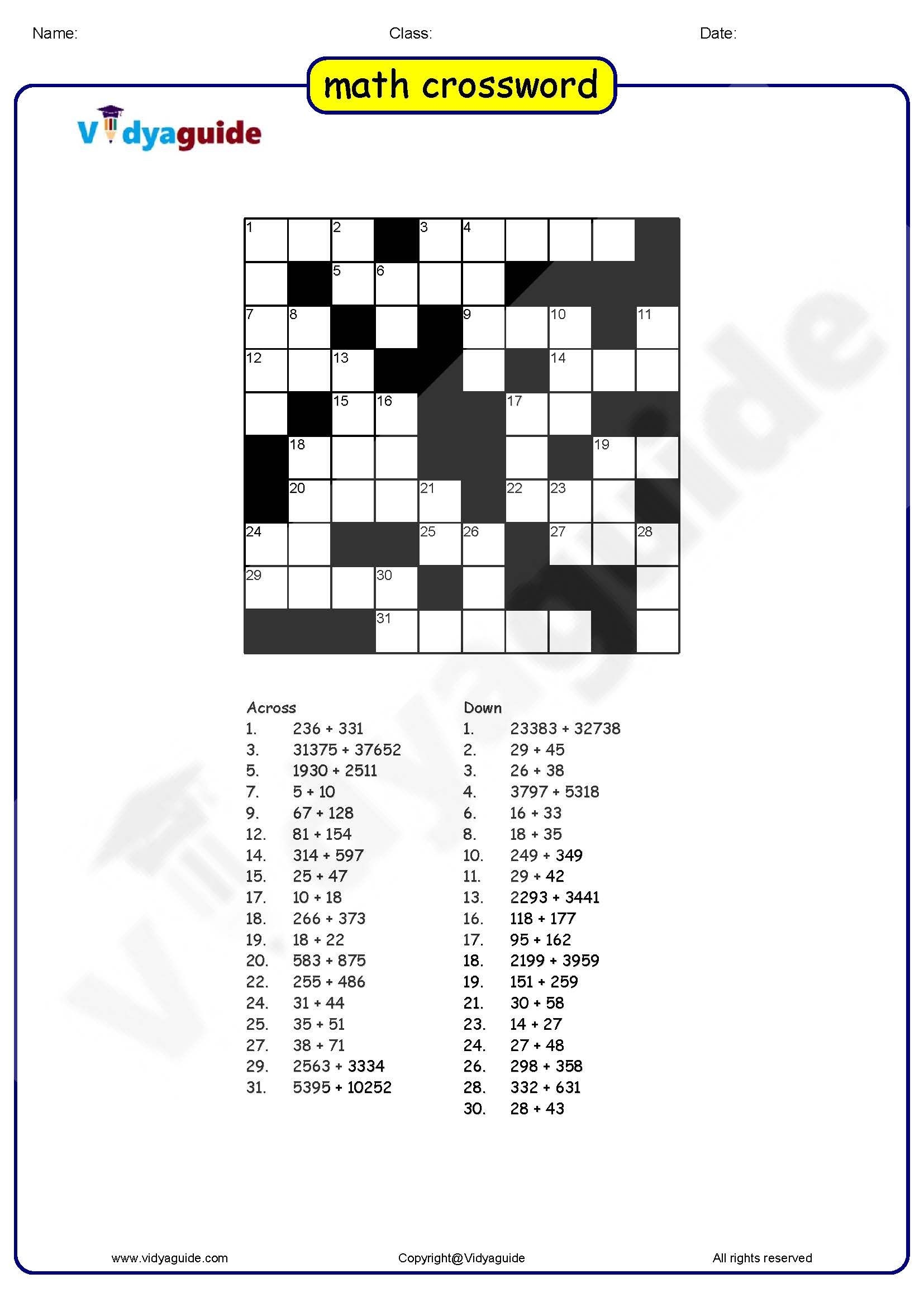 Printable Math Crossword Puzzles Printable Math Crossword Puzzles