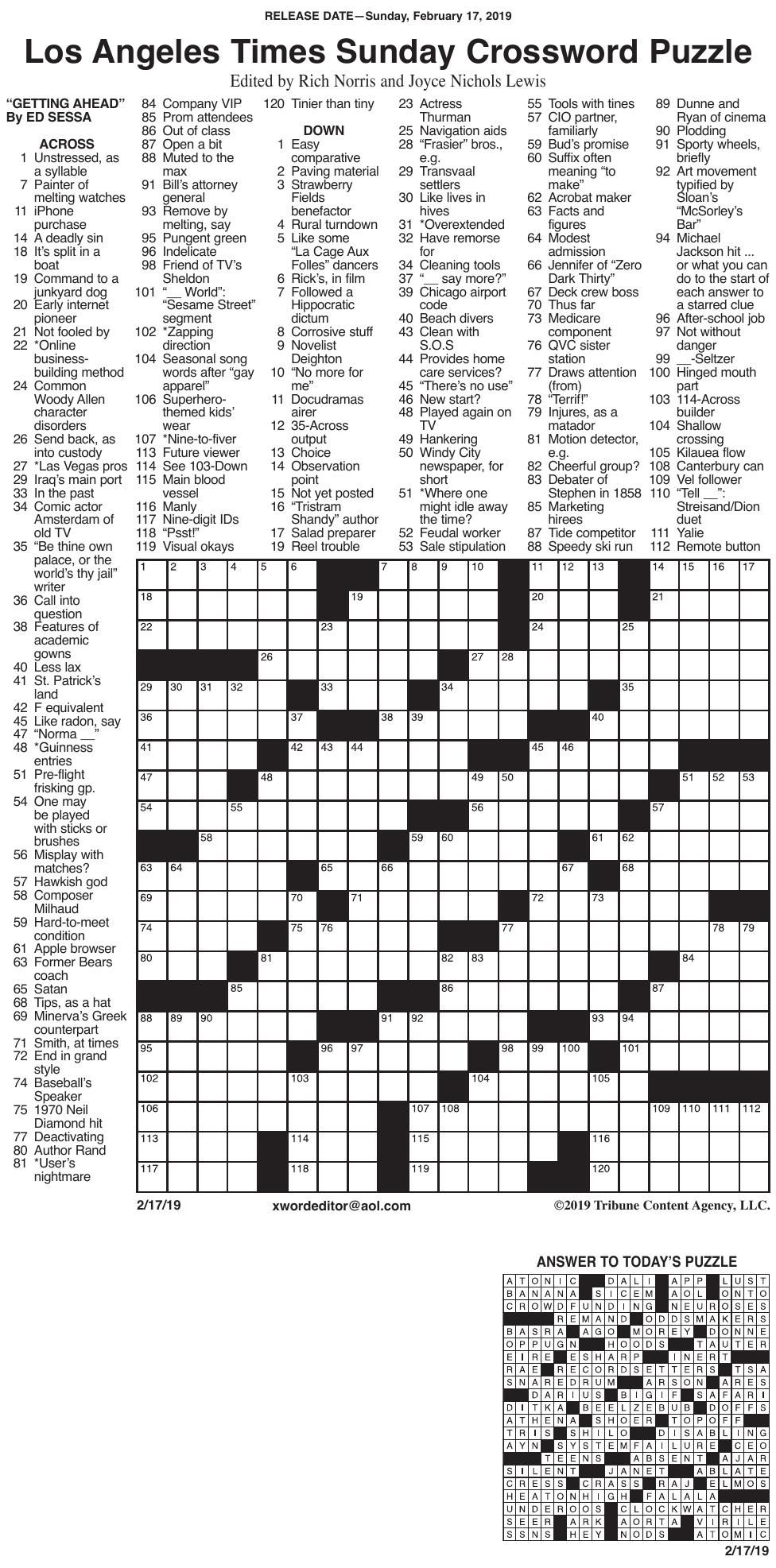 Printable Sunday Crossword Puzzle