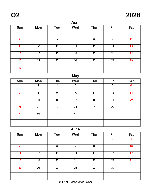 Quarterly Calendar Q2 2028 PDF Word Excel Sunday Start Quarterly Calendar Q2 2028 PDF Word Excel Sunday Start