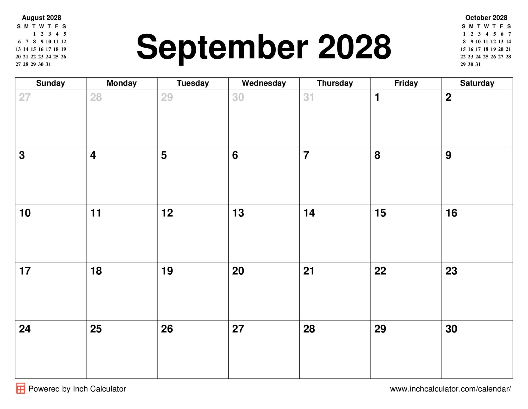 September 2028 Calendar Inch Calculator