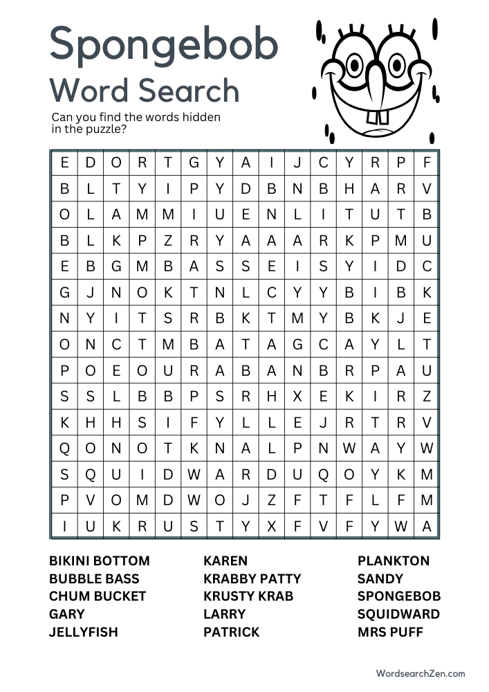 Spongebob Word Search Free Printable PDF File WordsearchZen Spongebob Word Search Free Printable PDF File WordsearchZen