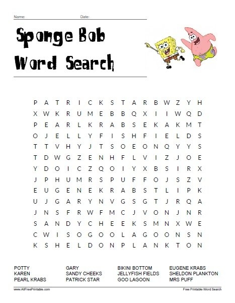 SpongeBob Word Search Free Printable