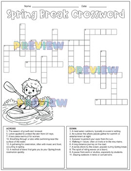 Spring Break Crossword Puzzles Spring Break Printable Activity