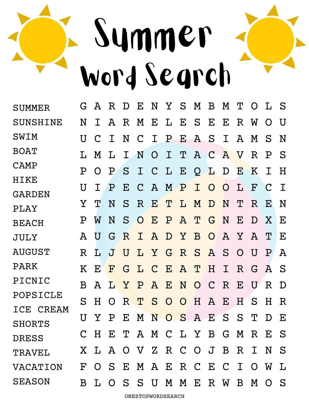 Summer Word Search Puzzle With Answer Sheet Seasonal Games Seasonal