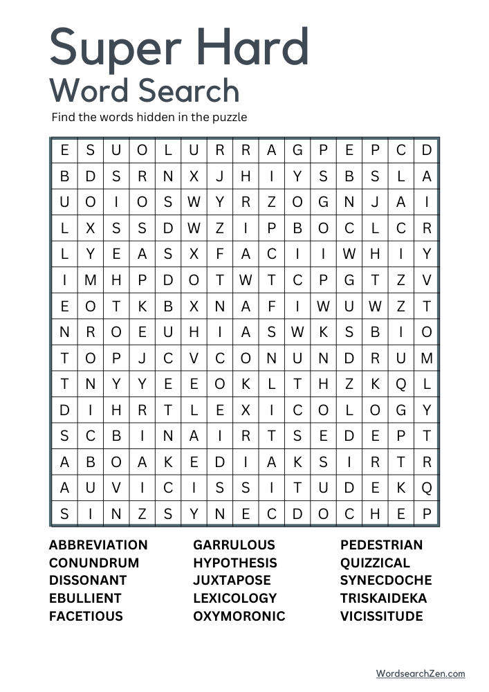 Super Hard Word Search Free Printable PDF File WordsearchZen