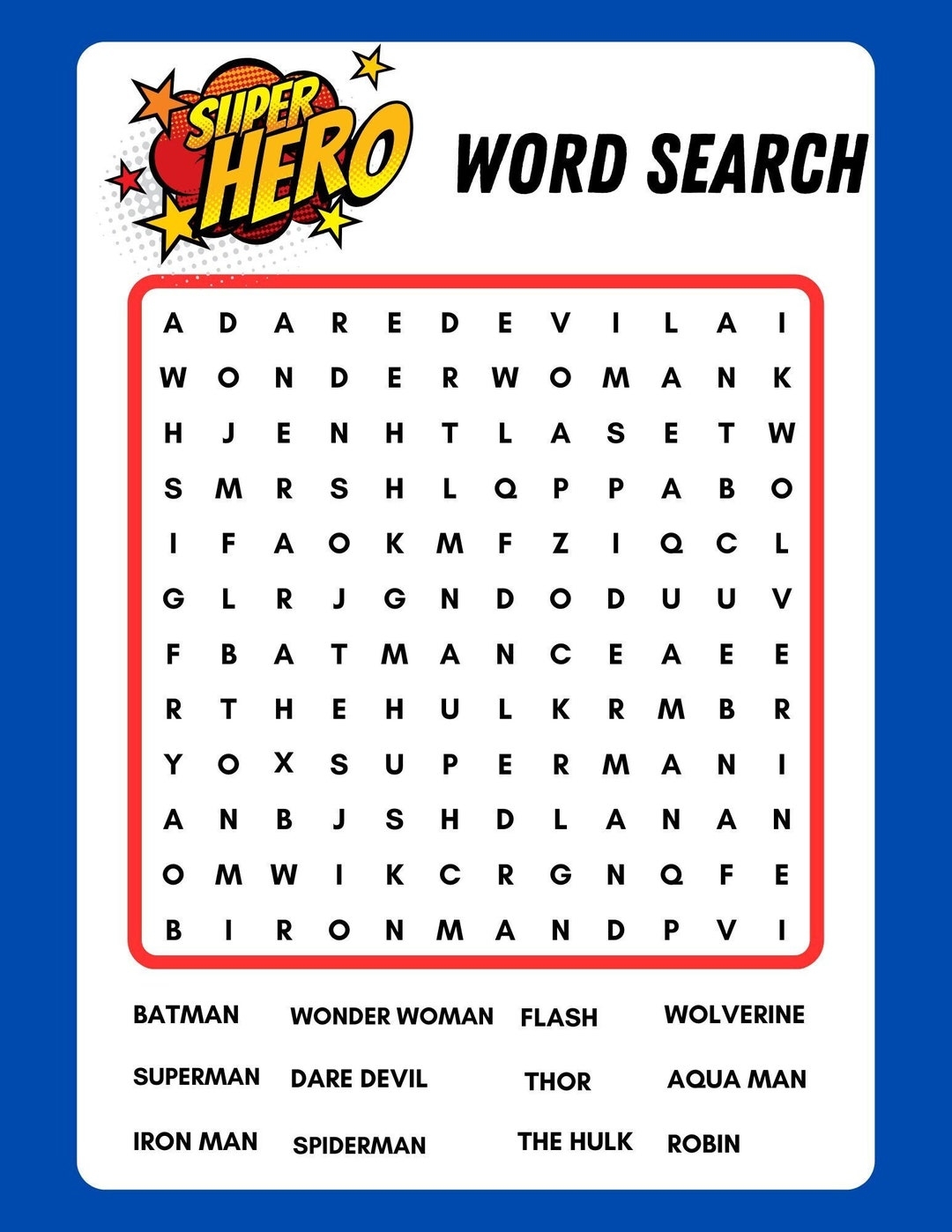 Super Hero Word Search Printable Instant Download PDF Etsy