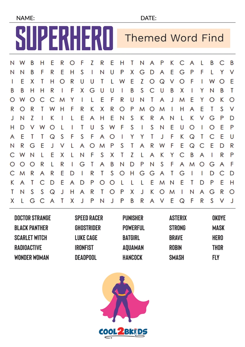 Superhero Word Search Printable Superhero Word Search Printable