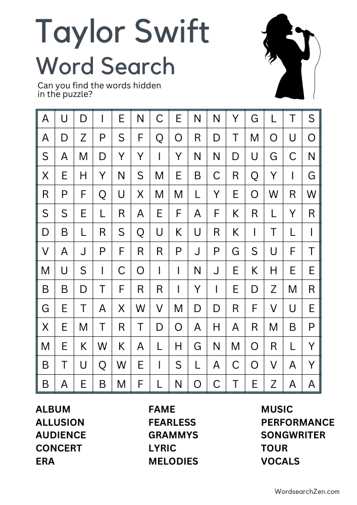 Taylor Swift Word Search Free Printable PDF File WordsearchZen Taylor Swift Word Search Free Printable PDF File WordsearchZen