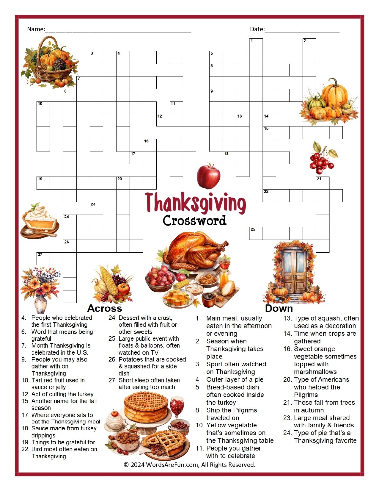 Thanksgiving Crossword Puzzle With Word Bank Free Printable Crosswords Thanksgiving Crossword Puzzle With Word Bank Free Printable Crosswords