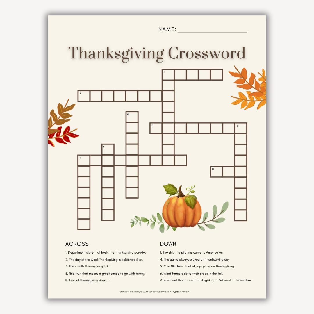 Thanksgiving Crossword Puzzles Printable For Adults FREE Printable HQ