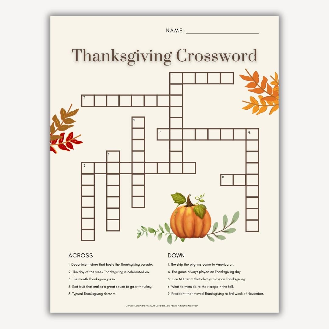 Thanksgiving Day Crossword Printables FREE Printable