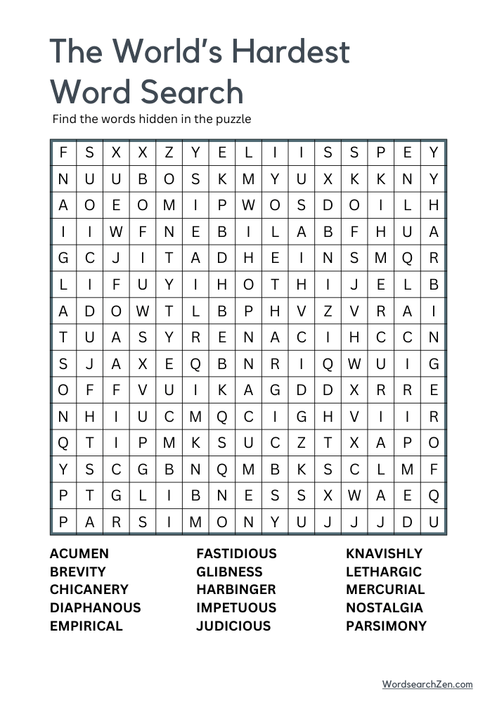 The World 39 s Hardest Word Search Free Printable PDF File WordsearchZen