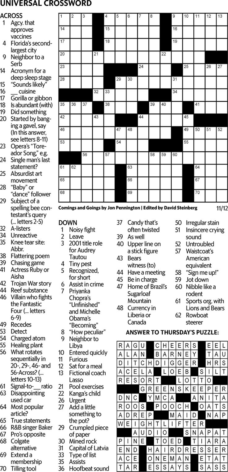 Universal Crossword Puzzle For Today Answers Free Printable Free